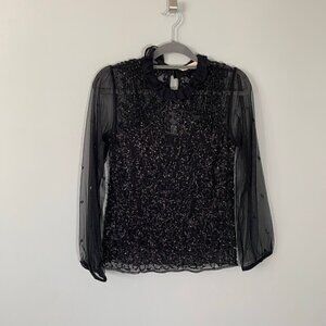 Soft‎ Surroundings sequin sheer high neck long sleeve fancy party top blouse